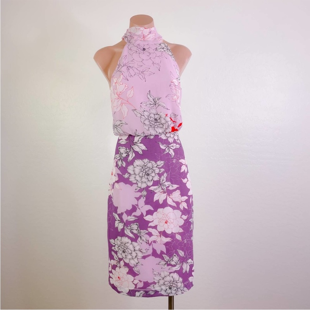 Belle Badgley Mischka Floral Halter Tie Neck Rhisa Midi Dress Lilac - Picture 2 of 13